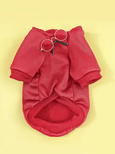 Vista 4 de QWINEE Conjunto de 3 piezas con capucha para perros y gatos, con collar y lentes de sol, ropa para mascotas para cachorros, perros pequeños y Rojo