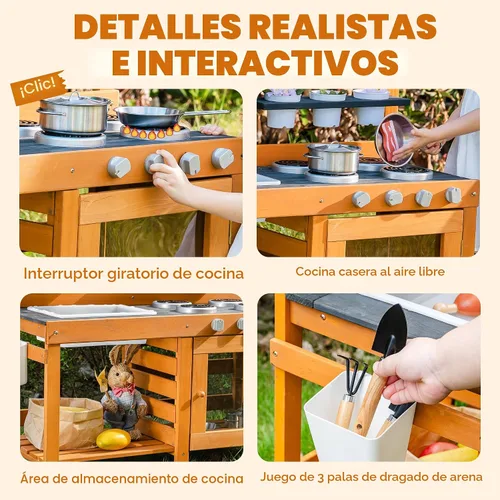 Vista 9 de ROBUD Cocina de Barro para Niños al Aire Libre, Cocina de Juego de Madera al Aire Libre, Cocina de Barro para Niños con Fregadero y Grifo