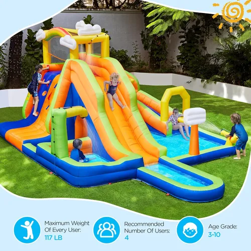 Vista 6 de Yaheetech - Casa inflable para rebotar, tobogán acuático estilo nubes arcoíris 10 en 1 Combo w/ 2 Pools & Large Climbing Wall & Tunnel, Double
