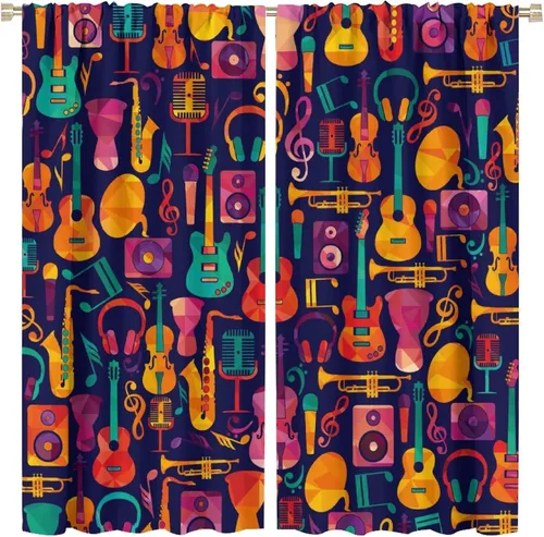 Vista 17 de Cortinas abstractas con notas musicales de piano, temática musical de piano, decoración de dormitorio de niños y niñas, arte rústico retro