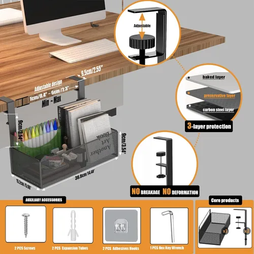 Vista 6 de orbixa Organizador de almacenamiento para debajo del escritorio, malla de metal 3 en 1, almacenamiento lateral de escritorio, uso en el escritorio