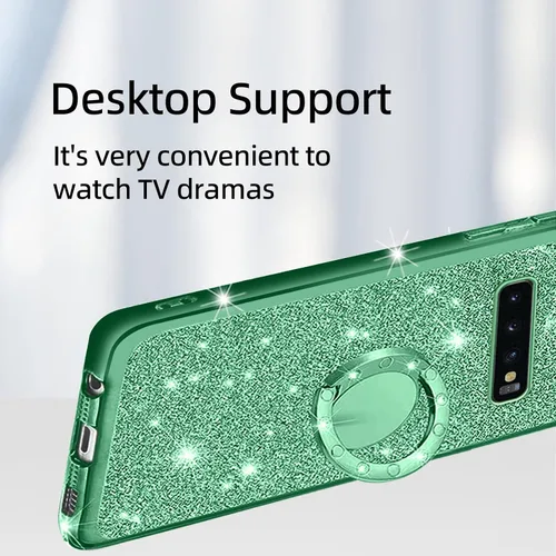 Vista 5 de Funda para S10 Plus, Galaxy S10 Plus para mujer, con purpurina, cristal suave, transparente, TPU de lujo, bonita funda protectora con correa de pie