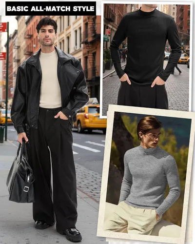 Vista 5 de Paquete de 4 Camisetas de Cuello Alto Simulado para Hombre de Algodón de Punto Acanalado de Manga Larga Pullover Ajustado Casual Suéteres Básicas
