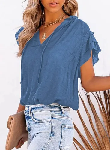 Vista 2 de Dokotto - Blusas informales con cuello en V para mujer, diseño de manga corta, con cordón ajustable