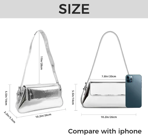 Vista 4 de Bolso plateado para mujer, Y2k, bolso de noche, bolso de hombro, bolso de mano metálico, bolso de mano brillante para fiesta