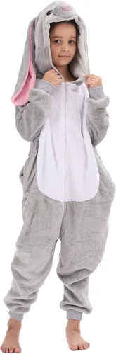 Vista 9 de HIBCIGA Disfraz de mameluco para niños, cosplay de animales para niños y niñas, Halloween, cálido, de felpa, de una pieza, conejo gris