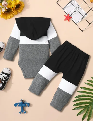Vista 7 de Ropa de bebé niño de manga larga, sudadera con capucha con estampado de letras + pantalones de retazos, 2 piezas, trajes de otoño e invierno