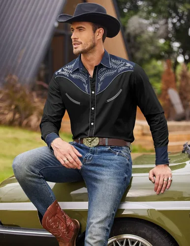 Vista 2 de COOFANDY Camisa vaquera occidental para hombre con bordado y botones de manga larga