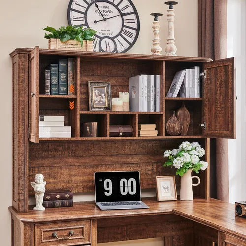 Vista 7 de T4TREAM - Escritorio ejecutivo en forma de L de 59 pulgadas con cajones, escritorio de computadora de madera estilo granja, con estación de carga