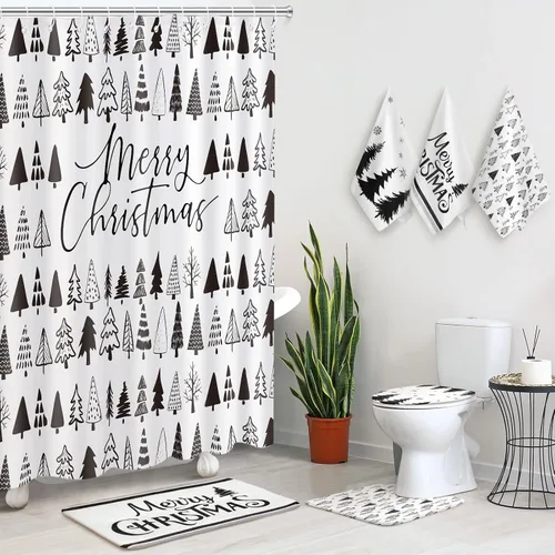 Vista 10 de Newwiee Juego de 7 Piezas para Baño de Navidad Decoración de Cortina de Ducha Xmas Cortina de Ducha Alfombras Antideslizantes y Toallas de Cocina 3