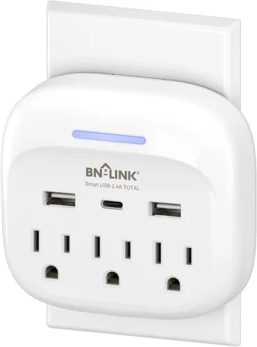 Vista 11 de BN-LINK Paquete de 2 extensores de salida de enchufe múltiple, 3 salidas de pared con 3 puertos USB (1 USB C), adaptador de carga para dormitorio