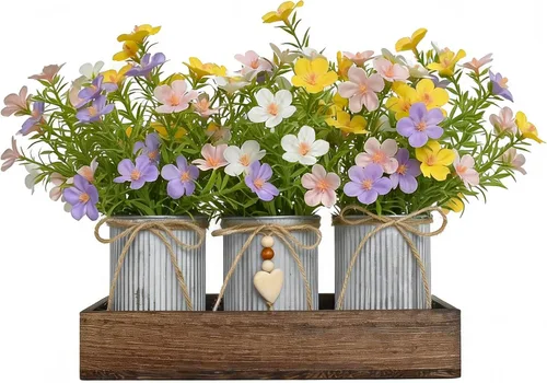 Vista 9 de Set de decoración de centro de mesa con flores artificiales, incluye 3 ramos falsos de Milán y bandeja de madera para decoración de escritorio