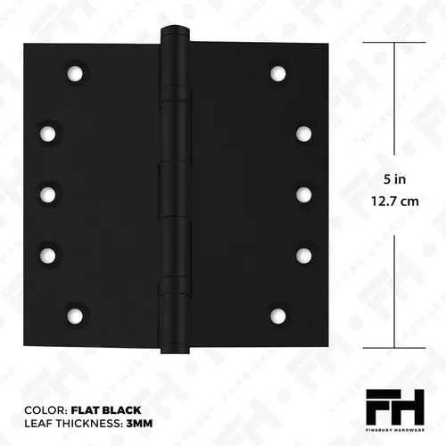 Vista 2 de Bisagra negra resistente para puerta, rodamiento de bolas negro mate, 5 x 5 pulgadas, juego de 2 bisagras de puerta de latón macizo negro mate Negro