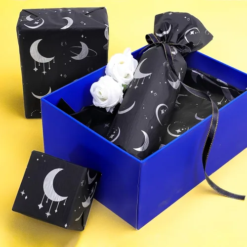 Vista 4 de HolyMaji 25 hojas de papel de seda de luz de luna para embalaje de pequeñas empresas de 20 × 28 pulgadas, papel de regalo de luna impreso a granel