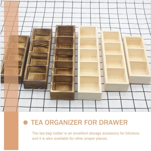 Vista 4 de Wooden Tea Bag Holder Box with 3 Compartments for Countertop Storage
