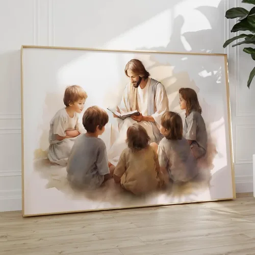 Vista 35 de Arte de pared de acuarela de Jesús, pintura en lienzo cristiano, imágenes de las Escrituras, decoración de pared, póster con versículos bíblicos