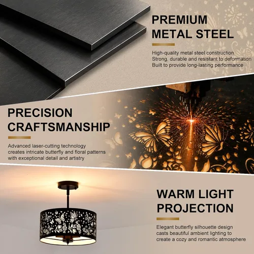 Vista 5 de Lámpara de techo semiempotrada, lámpara de techo rústica de metal de pergamino blanco con diseño de mariposa, candelabros negros industriales de 3