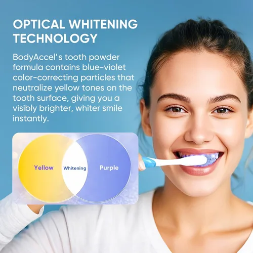 Vista 4 de BodyAccel Polvo blanqueador de dientes, polvo de perlas probióticas, pasta de dientes sin flúor para eliminación de manchas de café, té y vino