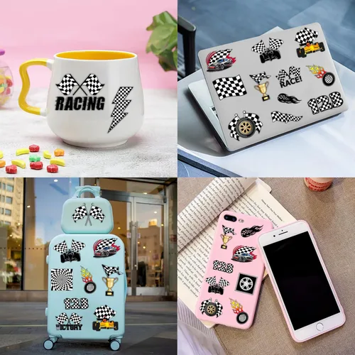 Vista 9 de Juego de 72 piezas de bandera a cuadros, 48 tatuajes temporales y 24 pulseras de palmada, suministros de cumpleaños temáticos de carreras, regalos