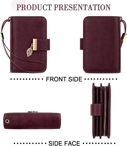 Vista 6 de Cartera pequeña con bloqueo RFID para mujer, de cuero, compacta, plegable, con 18 ranuras para tarjetas, con bolsillo para monedas, rojo (Red Wall)