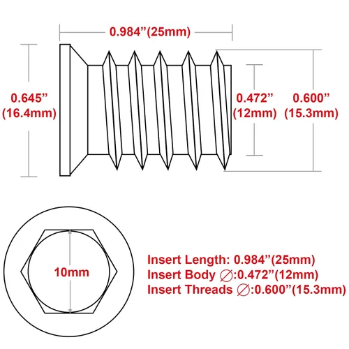 Vista 2 de 40 piezas de insertos roscados de 3/8"-16 x 25mm para muebles de madera, insertos de tuerca atornillables, conector de sujetador de perno roscado