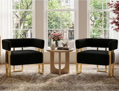 Vista 13 de Silla de acento moderna de mediados de siglo, sillón de barril, Black Boucle, pata dorada