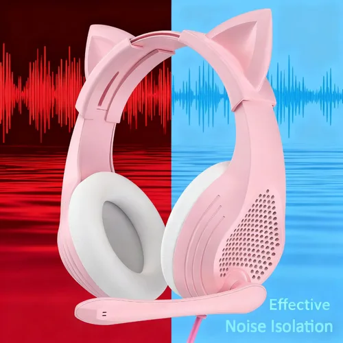 Vista 8 de GIME Pink Gaming Headset - Cute Cat Ears Wired Over Ear Headphones with Mic - Compatible with Xbox/PS4/ PS5/ PC Computer/Laptop/Phone