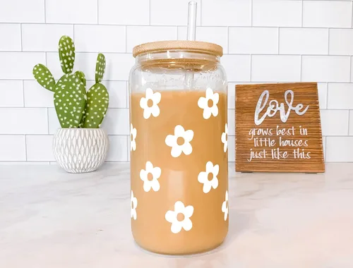 Vista 5 de Taza de cristal personalizada de margarita, vaso de cerveza con tapa y pajita, vaso de lata floral, vaso de vidrio de 16 onzas, vaso personalizado