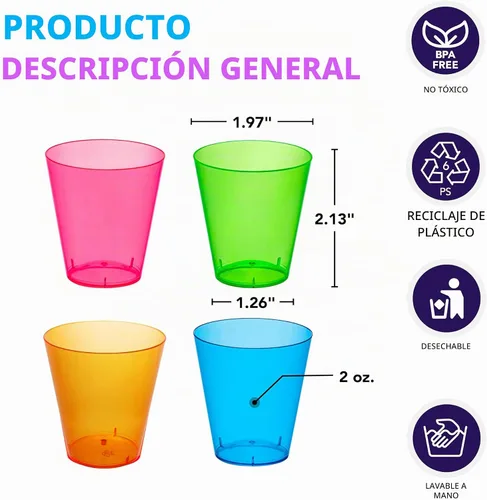Vista 2 de Party Essentials Vasos de disparo de plástico duro de 2 onzas, 40 unidades, neón surtidos