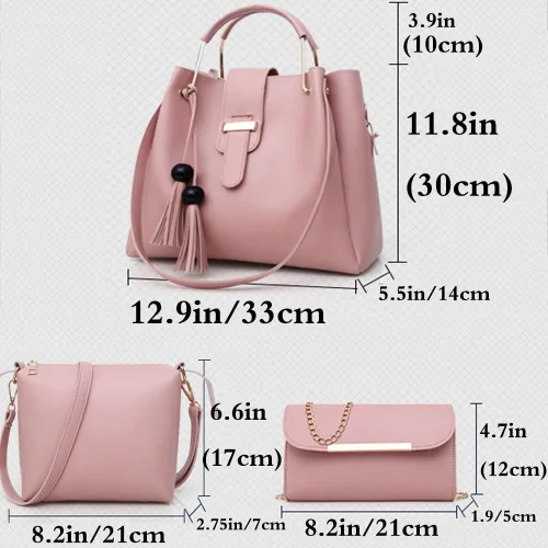 Vista 4 de Bolso y bolso para mujer 3 piezas con borla bolso de mano con asa superior