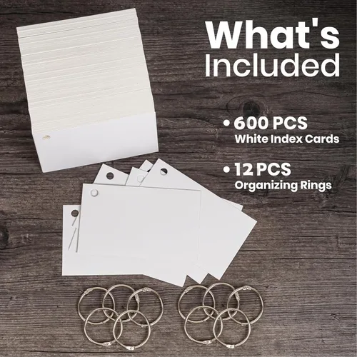 Vista 3 de Tarjetas de índice, 600 tarjetas flash perforadas de 3 x 5 pulgadas con 12 anillos organizadores, tarjetas blancas para estudiar, tarjetas de notas