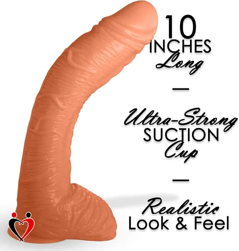 Vista 2 de LeLuv Dildo Big Bent - Taza de succión realista de 10 pulgadas, paquete de chocolate curvo y venoso grueso con lápiz labial secreto