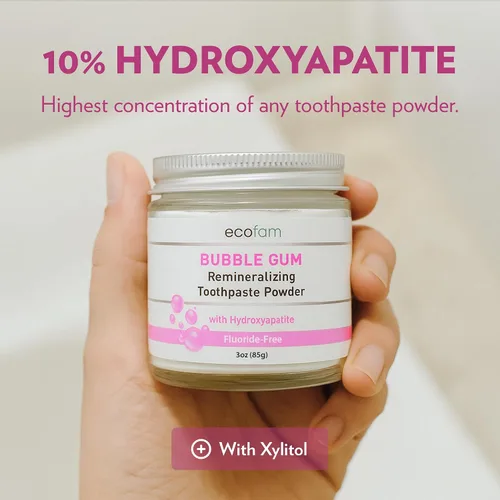 Vista 2 de Ecofam Polvo de pasta de dientes – Polvo de dientes remineralizante, hidroxiapatita y xilitol, sin flúor, apoya la fuerza del esmalte y la salud