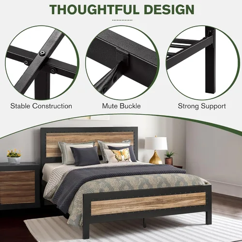 Vista 5 de MUTICOR Base de cama matrimonial con cabecera de madera, plataforma de estilo industrial con decoración de remaches y diseño esmerilado, base