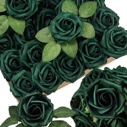 Vista 36 de 25 piezas Flores Artificiales de Espuma Rosas Falsas con Tallos 8 Hojas Rosas Sintéticas de Aspecto Real para Ramos de Boda Centros de Mesa de Negro