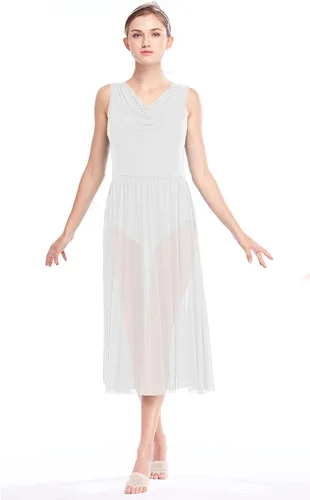 Vista 5 de PAOTIT Vestido de baile lírico de tul sin espalda, vestido de ballet moderno, falda larga de encaje dividida