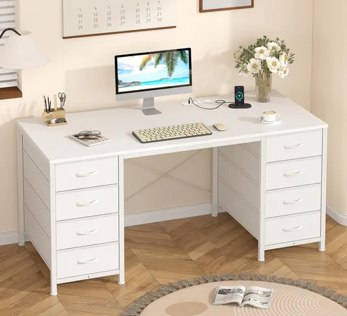 Vista 20 de YOMILUVE Escritorio para computadora de 50 pulgadas con 8 cajones, escritorio para oficina en casa con tomas de corriente, escritorio de trabajo
