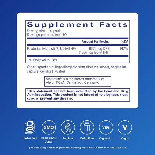 Vista 2 de Pure Encapsulations Folate 400 Suplemento de Metafolin L-5-MTHF para apoyar la salud cardiovascular, celular y neural* 90 cápsulas