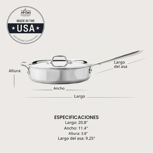 Vista 2 de All-Clad D3 Sartén Salteadora de Acero Inoxidable de 3 Capas con Tapa y Mango 3 Cuartos, Inducción, Apto para Horno y Parrilla 600F