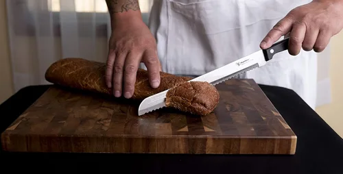 Vista 5 de Cuchillo de pan dentado de 10 pulgadas, hoja de acero inoxidable de alta calidad con borde ondulado, mango de espiga completa, cuchillo afilado