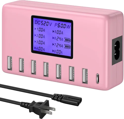 Vista 8 de Estación de carga USB de 60 W, 12 A, 8 puertos, cargador concentrador USB multipuerto, pantalla LCD de tamaño compacto, compatible con iPhone, iPad