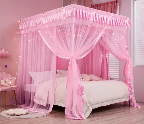 Vista 16 de Mengersi Cortina para Dosel de Cama Princesa, con 4 Esquinas, Dosel con Mosquitero para Cama de Princesa (Blanco, Doble)