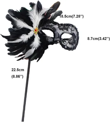 Vista 2 de Velo de encaje de plumas de lujo negro blanco lateral translúcido media máscara en palo para mujer