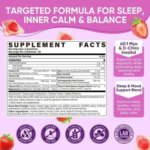 Vista 2 de Gomitas de mio-inositol y D-chiro inositol para dormir + Ashwagandha, glicinato de magnesio, L-teanina y GABA, suplemento de inositol para mujeres