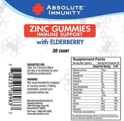 Vista 2 de Absolute Immunity - Gomitas de ZINC y saúco, salud del sistema inmunológico, adultos y niños, 30 unidades, paquete de 3
