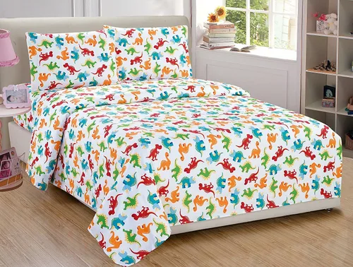 Vista 2 de Fancy Collection - Juego de sábanas de dinosaurio, blanco, azul, naranja, verde, rojo, beige, multicolor, para niños/niñas y adolescentes