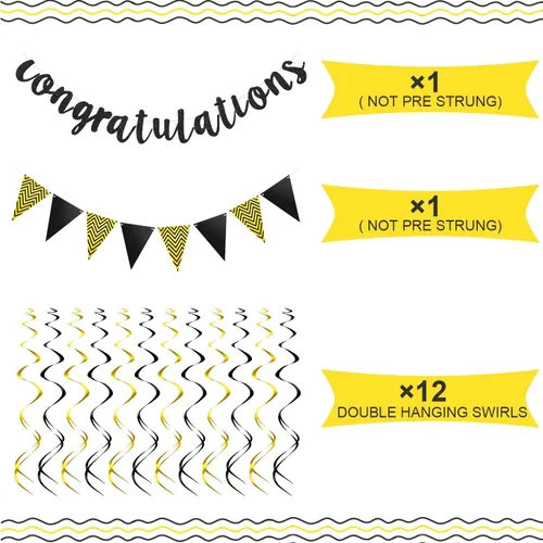 Vista 2 de Outus Pancarta de felicitaciones con purpurina preencordada con 12 espirales colgantes para bodas, jubilaciones, graduaciones, aniversarios, Dorado