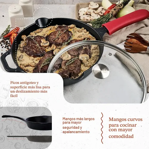 Vista 4 de Victoria - Set de sartén de hierro fundido de 12 pulgadas con tapa de vidrio templado, cubierta de mango grande y raspador de sartén