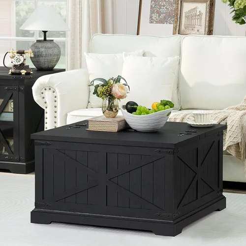 Vista 10 de Joaxswe - Mesa de café de granja con organizador de almacenamiento oculto, mesa central cuadrada grande en negro, mesas bajas de sala de estar
