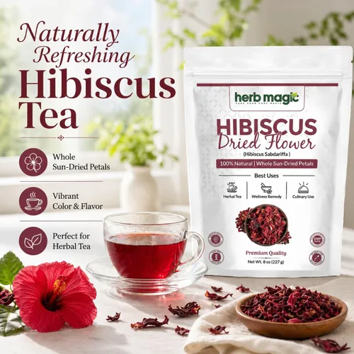Vista 6 de Flores secas de hibisco perfectas para té y agua fresca mexicana, flor de jamaica, flores enteras y pétalos Herbmagic